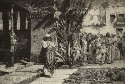 Madeleine, femme avec turban et procession dans un village du Moyen-Orient, gravure par les frères Cantagalli d