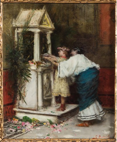 Mère et fille devant un petit temple - Giovanni Muzzioli