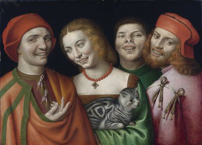 Portrait de trois hommes et une femme tenant un chat - Giovanni Paolo Lomazzo