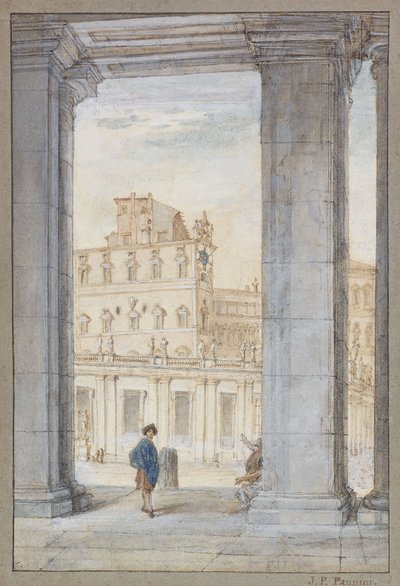 Vue de la place Saint-Pierre sous les colonnades du Bernin, la chapelle Sixtine et le palais pontifical au-delà - Giovanni Paolo Pannini