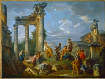 Predicateur au milieu de ruines a Rome enrichi de figures, avec le Pantheon et la statue de Flore … (painting on canvas) - Giovanni Paolo Pannini or Panini