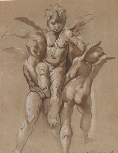 Deux putti portant un troisième putti (recto); Un jeune homme avec un bâton (verso) - Giovanni Pietro Possenti