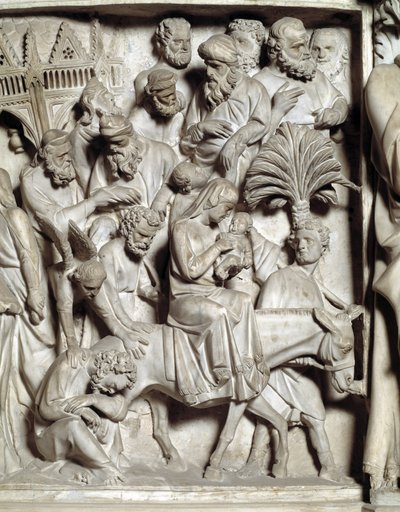 Détail des reliefs de la chaire réalisée par Giovanni Pisano : la fuite en Égypte (détail) - Giovanni Pisano