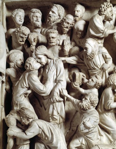 Détail des reliefs de la chaire réalisée par Giovanni Pisano (1248-1314) : le baiser de Judas (détail) 1302-1311 Cathédrale de Pise (Duomo di Pisa), Italie - Giovanni Pisano