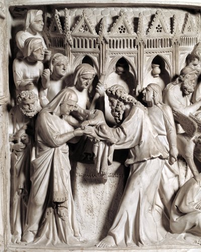 Détail des reliefs de la chaire réalisée par Giovanni Pisano (1248-1314) : la présentation de Jésus au temple (détail des reliefs du pupitre en marbre) 1302-1311 Cathédrale de Pise (Duomo di Pisa), Italie - Giovanni Pisano