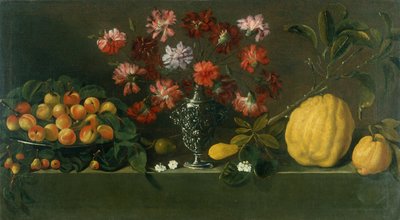 Prunes sur un plat, œillets dans une urne, coings sur un rebord - Giovanni Quinsa