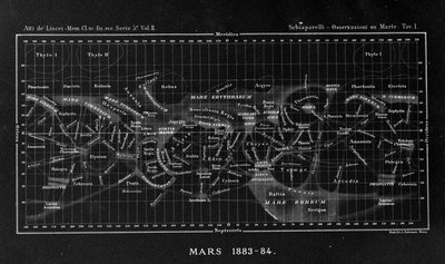 Carte de la planète Mars par Giovanni Virginio Schiaparelli (1835-1910) astrophysicien. Il a observé des configurations rectilignes sur la planète Mars, qu