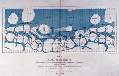 Carte de la planète Mars par Giovanni Virginio Schiaparelli (1835-1910) astrophysicien. Il a observé des configurations rectilignes sur la planète Mars, qu