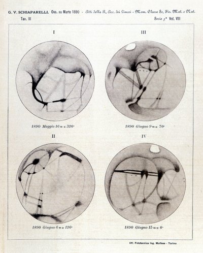 Observations de Giovanni Virginio Schiaparelli (1835-1910) astrophysicien. Il a observé des configurations rectilignes sur la planète Mars, les appelant les canaux martiens (canali). 1890 - Giovanni Schiaparelli