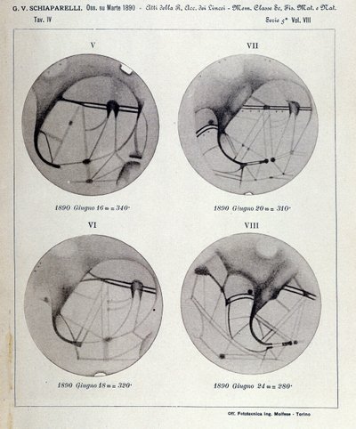 Observations par Giovanni Virginio Schiaparelli (1835-1910) astrophysicien. Il a observé des configurations rectilignes sur la planète Mars, les appelant les canaux martiens (canali). 1890 - Giovanni Schiaparelli