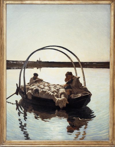 Ave Maria : Une mère tenant son enfant contre elle avec un troupeau de moutons sur un ferry traversant une rivière - Giovanni Segantini