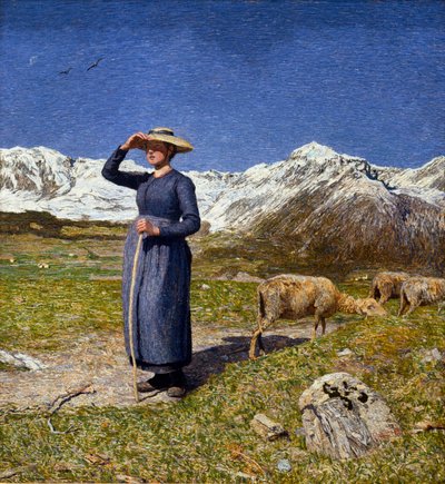 Midi dans les Alpes. Une bergère protégeant ses yeux du soleil. Peinture de Giovanni Segantini (1858-1899) 1891 - Giovanni Segantini
