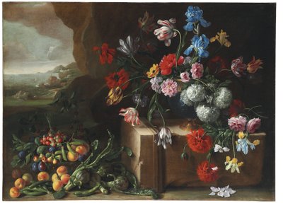 Chrysanthèmes, tulipes, iris et autres fleurs et fruits dans un paysage - Giovanni Stanchi
