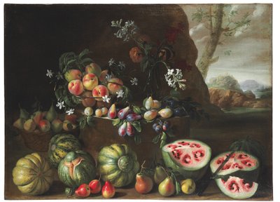 Pastèques, pêches, poires et autres fruits dans un paysage - Giovanni Stanchi