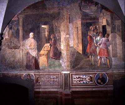 Saint Benoît réparant le tamis cassé, détail du cycle de fresques de la Vie de Saint Benoît du Chiostro degli Aranci, vers 1430 (détail) - Giovanni di Consalvo (attr. to)