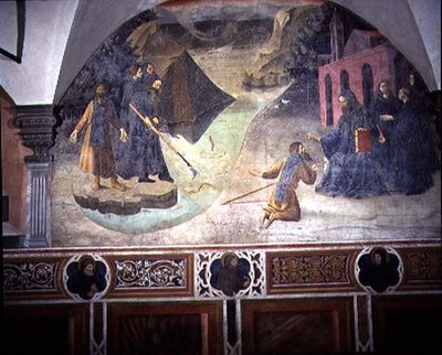 Saint Benoît récupérant la hache du bûcheron dans le lac, détail du cycle de fresques de la Vie de Saint Benoît du Chiostro degli Aranci (Cloître des Oranges) c.1430 - Giovanni di Consalvo (attr. to)