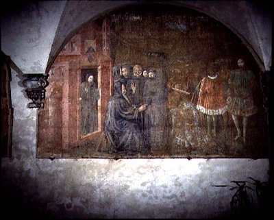 Saint Benoît et le messager du roi Totila, détail du cycle de fresques de la Vie de Saint Benoît du Chiostro degli Aranci, vers 1430 (détail) - Giovanni di Consalvo (attr. to)