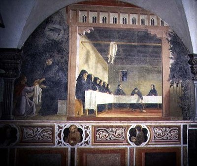 Saint Benoît et le pain empoisonné, détail du cycle de fresques de la Vie de Saint Benoît du Chiostro degli Aranci (Cloître des Oranges) c.1430 - Giovanni di Consalvo (attr. to)