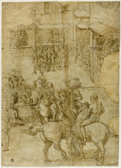 Pageant mythologique (recto); Inscriptions illisibles et études anatomiques de la tête (verso) - Girolamo Genga