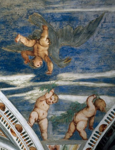 Enlèvement de Ganymède et putti, niches en mosaïque et statues (détail) - Girolamo Romanino