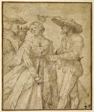 Scène de galanterie : quatre personnages devant un paysage - Girolamo Romanino