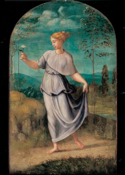 Jeune femme tenant une fleur avec un vaste paysage au-delà - Girolamo da Carpi