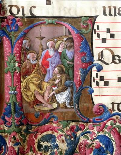 Lettrine décorée représentant le Christ lavant les pieds. Miniature de Girolamo da Cremona et Liberale da Verona d