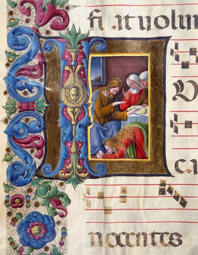 Lettrine décorée représentant Marie-Madeleine aux pieds de Jésus. Miniature par Girolamo da Cremona (actif vers 1451-1483) et Liberale da Verona (1445-1529) d