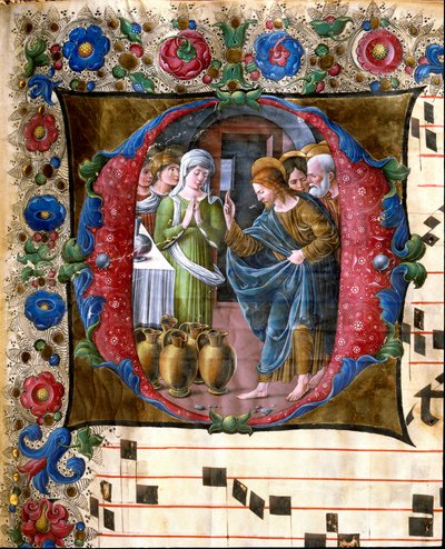 Lettrine décorée représentant les noces de Cana (Cathédrale de Sienne) - Girolamo da Cremona