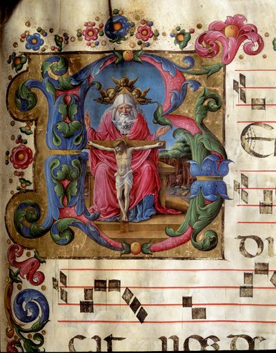 Lettrine B décorée représentant la Sainte Trinité (Trône de Grâce) Dieu, Jésus-Christ et la colombe du Saint-Esprit. Miniature de Girolamo da Cremona d