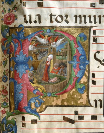 Lettrine P décorée représentant la Nativité en miniature par Girolamo da Cremona du chœur de la cathédrale de Sienne. 15ème siècle - Girolamo da Cremona