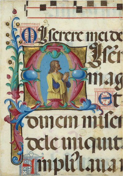 Enluminure de manuscrit avec David en prière dans une initiale M, d