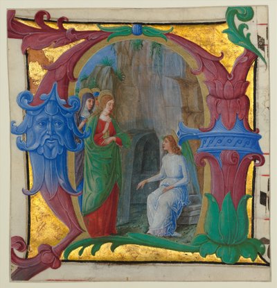 Enluminure de manuscrit avec les Saintes Femmes au Tombeau dans une Initiale A..., vers 1490-1500 - Girolamo dai Libri