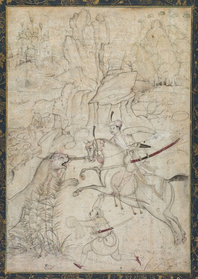 Un prince monté chassant le lion dans un paysage rocheux - Girolamo della Robbia