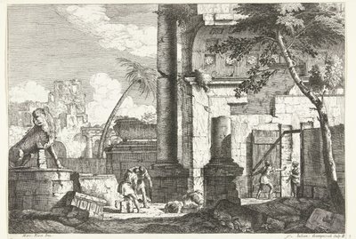 Ruines antiques avec pilleurs de tombes et palmier - Giuliano Giampiccoli