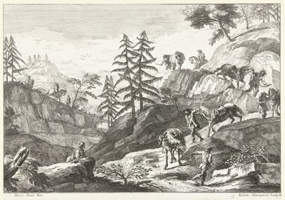 Paysage de montagne avec cavaliers menant des chevaux en descente sur un chemin (Italiaanse landschappen) - Giuliano Giampiccoli