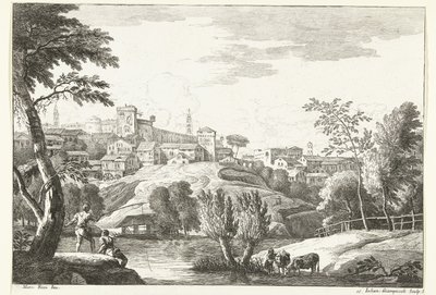 Paysage vallonné avec ville et pêcheur - Giuliano Giampiccoli