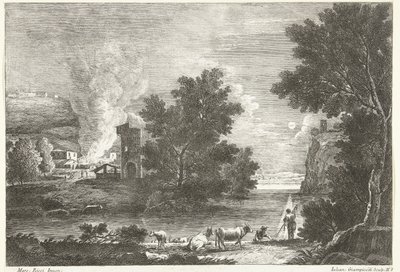 Paysage au clair de lune avec incendie (série: Paysages italiens) - Giuliano Giampiccoli