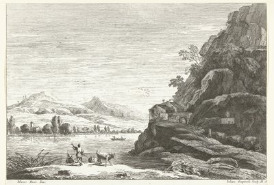 Paysage fluvial avec maison contre un rocher (Italiaanse landschappen) - Giuliano Giampiccoli