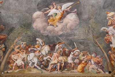 Ajax protégeant le corps de Patrocle pendant la bataille de Troie, Le Cheval de Troie, Chambre de Troie (Sala di Troia) - Giulio (and workshop) Romano