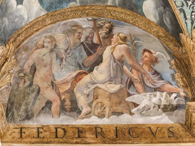 Détail de la voûte : lunette représentant Vénus obtenant la disponibilité de Mercure de Zeus, Chambre de Cupidon et Psyché - Giulio (and workshop) Romano