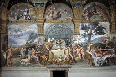 Le banquet noble célébrant le mariage de Cupidon et Psyché, mur sud de la Salle de Cupidon et Psyché, c.1527-31 (fresque) - Giulio (and workshop) Romano