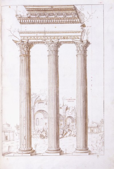 Les colonnes du temple de Castor et Pollux, avec le temple de la Paix en arrière-plan, c.1550 - Giulio (circle of) Romano
