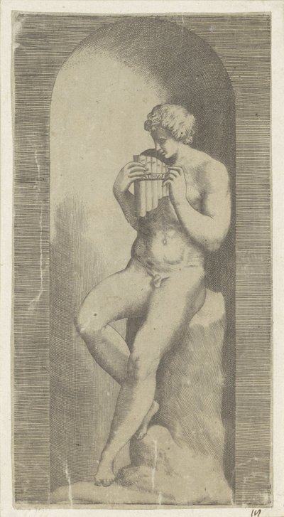 Homme nu avec flûte de Pan dans une niche - Giulio Bonasone (possibly)