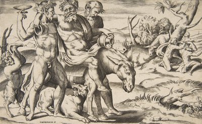 Un Silène ivre chevauchant un âne soutenu par des satyres, 1531-76 - Giulio Bonasone