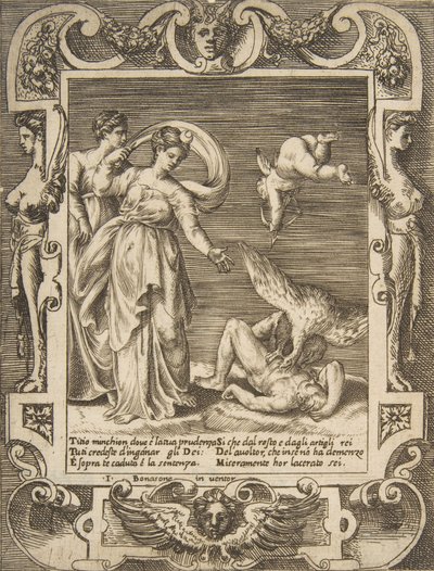 Un vautour mangeant les entrailles de Titius, Cupidon au-dessus de deux femmes à gauche, dans un cadre élaboré - Giulio Bonasone