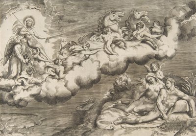 Allégorie du soleil levant, un homme nu portant un linceul et accompagné du Père Temps..., 1531-76 - Giulio Bonasone