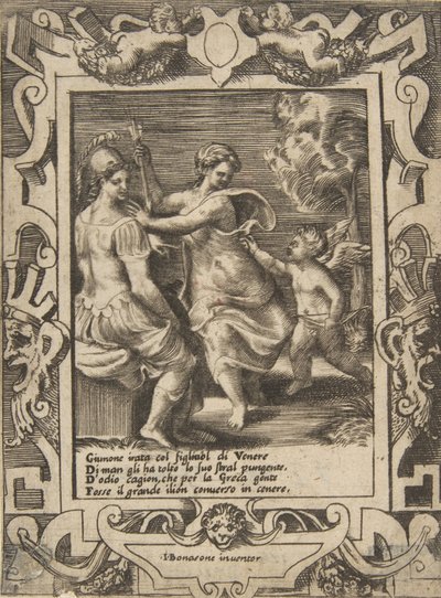 Athéna assise près de Junon qui a pris les flèches de Cupidon - Giulio Bonasone