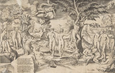 Cupidon dans les Champs Élysées attaché à un arbre au centre, entouré de nombreuses figures, 1563 - Giulio Bonasone