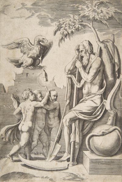 Le Temps à droite appuyé sur une faux, trois garçons nus et un aigle à gauche, 1531-76 - Giulio Bonasone